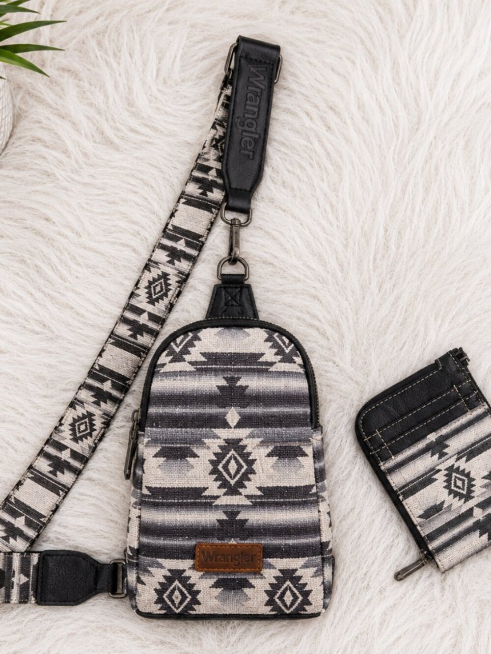 Wrangler Black & White Aztec Crossbody Sling Bag with Card Holder